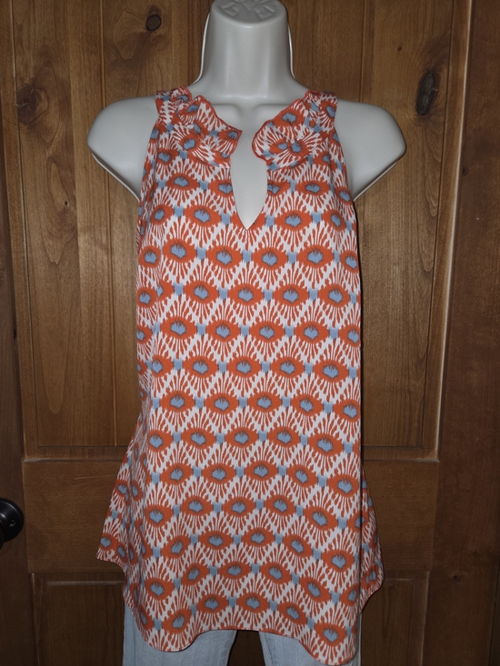 CAbi Tops - CAbi Orange and Light Blue Printed Ruffle V- Neck Tank